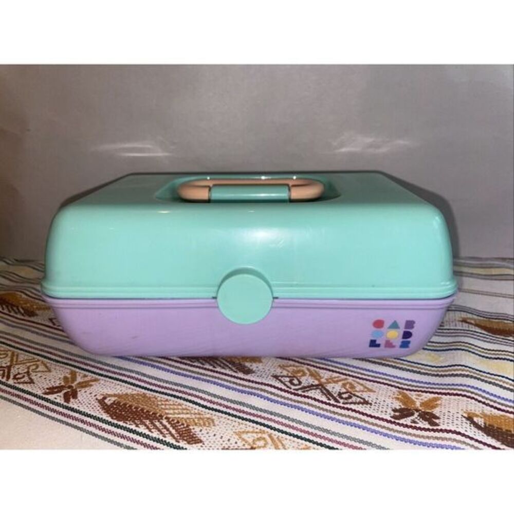 VINTAGE Mini Caboodle Case w/ Mirror & Pair Of Swing Trays ❤️ Aqua/ Lavender‎